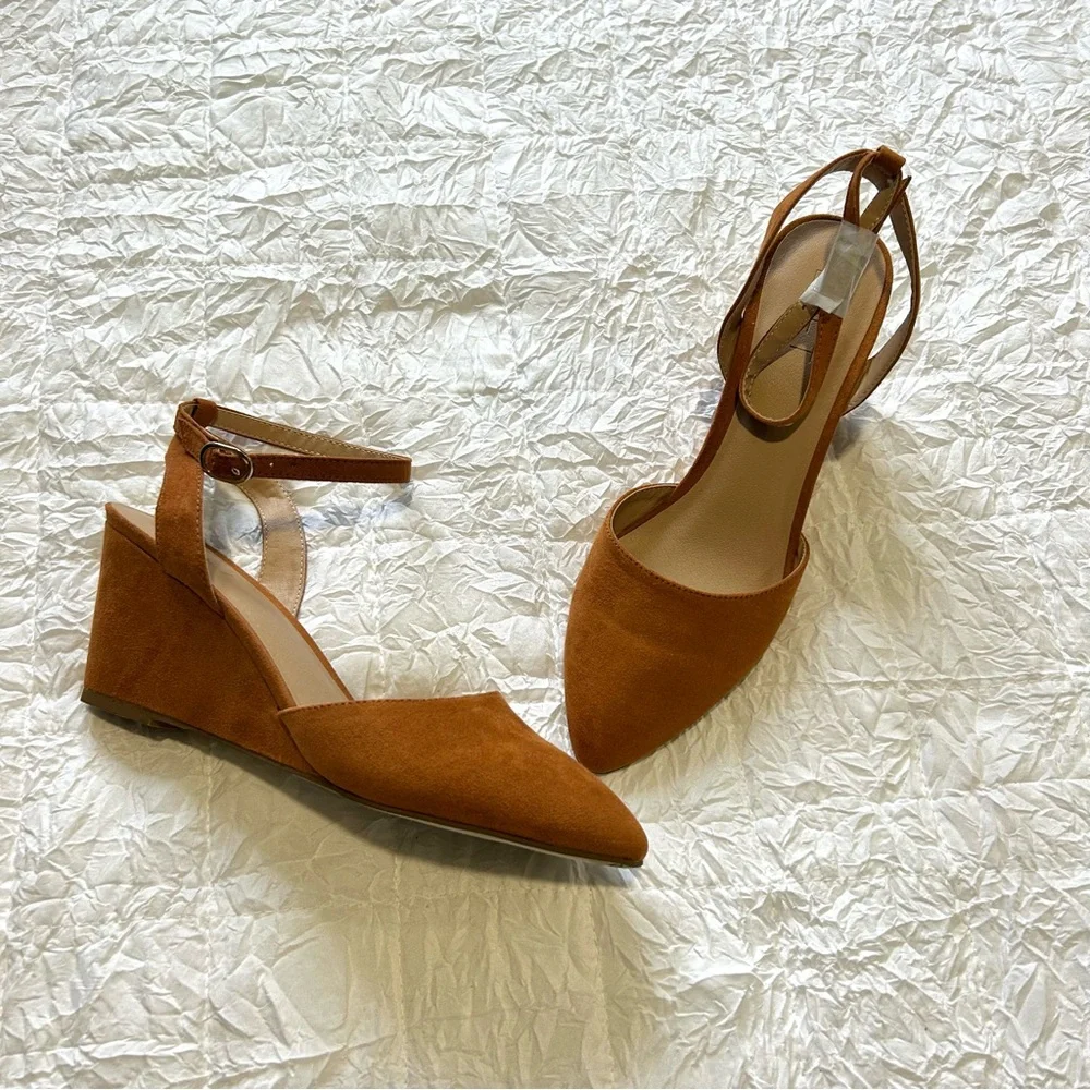 LOFT Cognac Suede Pointed-Toe Wedge Heels